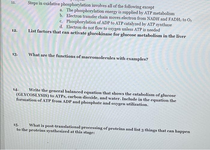 Steps in oxidative phosphorylation involves all of the following except
11.
a. The phosphorylation energy is supplied by ATP metabolism
b. Electron transfer chain moves electron from NADH and FADH2 to O2
c. Phosphorylation of ADP to ATP catalyzed by ATP synthase
d. Electron do not flow to oxygen unless ATP is needed
12. List factors that can activate glucokinase for glucose metabolism in the liver
13.
What are the functions of macromolecules with examples?
Write the general balanced equation that shows the catabolism of glucose
(GLYCOSLYSIS) to ATPS, carbon dioxide, and water. Include in the equation the
formation of ATP from ADP and phosphate and oxygen utilization.
14.
15.
What is post-translational processing of proteins and list 3 things that can happen
to the proteins synthesized at this stage:
