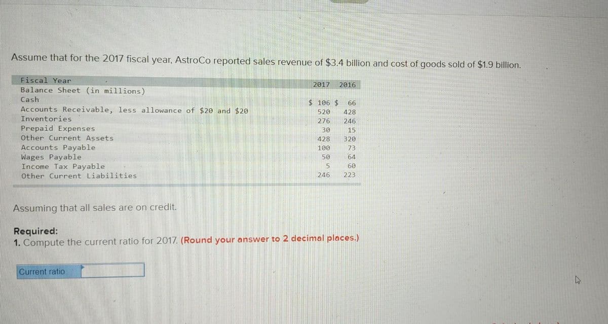 Assume that for the 2017 fiscal year, AstroCo reported sales revenue of $3.4 billion and cost of goods sold of $1.9 billion.
Fiscal Year
2017
2016
Balance Sheet (in millions)
Cash
$106 $
66
Accounts Receivable, less allowance of $20 and $20
520
428
Inventories
276
246
Prepaid Expenses
Other Current Assets
30
15
428
320
Accounts Payable
Wages Payable
Income Tax Payable
Other Current Liabilities
100
73
50
64
60
246
223
Assuming that all sales are on credit.
Required:
1. Compute the current ratio for 2017. (Round your answer to 2 decimal places.)
Current ratiO
