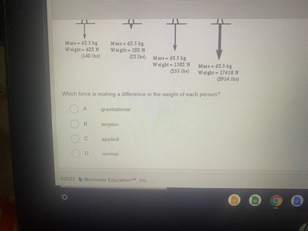 Mass-63.5 kg
Weight- 623 N
(140 lbs)
Mass 63.5 kg
Weight- 103 N
(23 lbs)
Mass-63.5 kg
W eight 1582 N
(355 lbs)
Mass-63.5 kg
Welght- 17418 N
(3914 lbs)
Which force is making a difference in the weight of each person?
A
gravitational
tension
C
applied
D
normal
©2021Illuminate Education TM, Inc.
