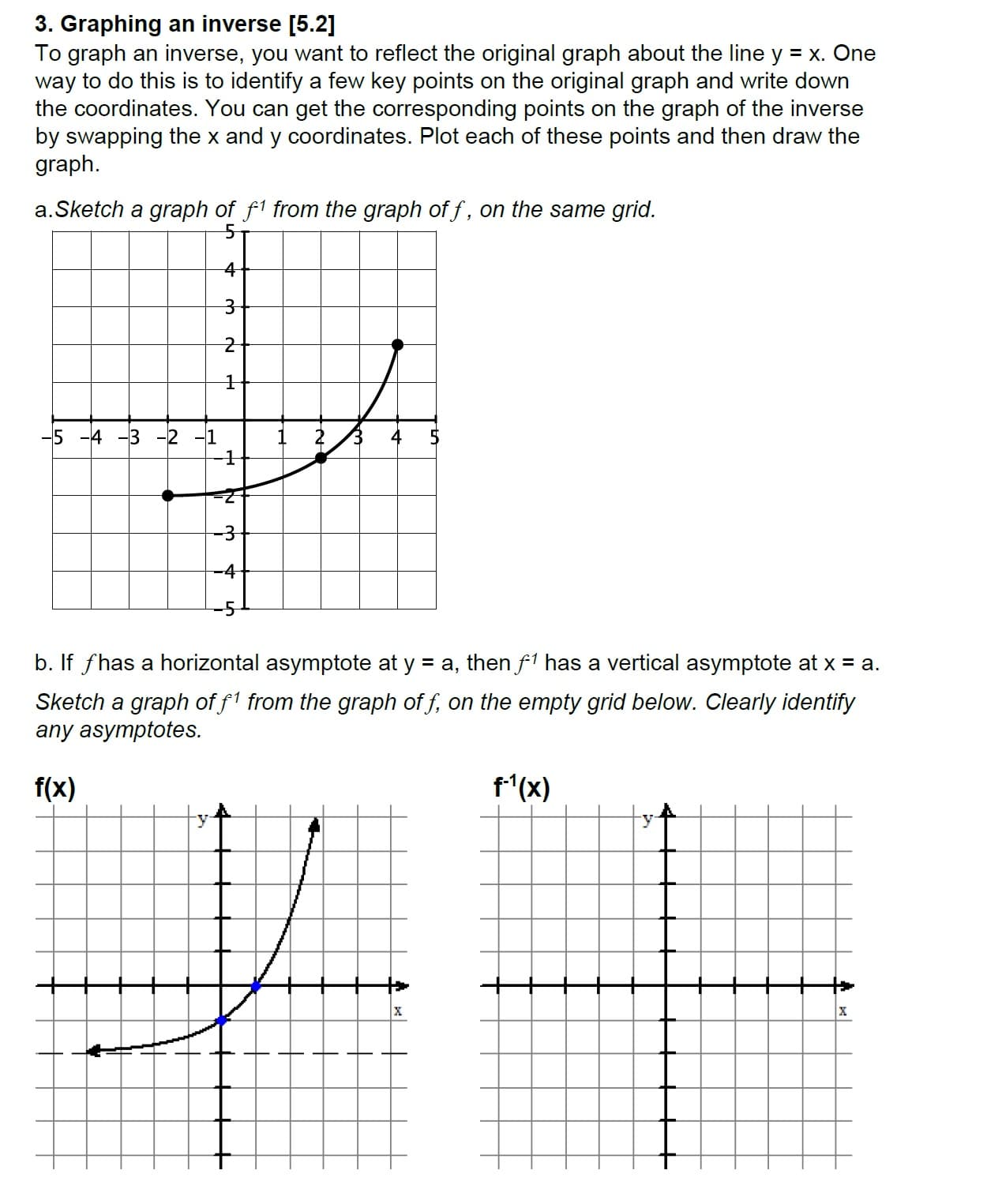 3. Graphing an inverse [5.2]
To graph an inverse, you want to reflect the original graph about the line y x. One
way to do this is to identify a few key points on the original graph and write down
the coordinates. You can get the corresponding points on the graph of the inverse
by swapping the x and y coordinates. Plot each of these points and then draw the
graph.
a.Sketch a graph of f1 from the graph of f, on the same grid.
43 2 ,
-3
-51
b. If fhas a horizontal asymptote at y - a, then f1 has a vertical asymptote at x- a
Sketch a graph off1 from the graph of f, on the empty grid below. Clearly identify
any asymptotes.
f(x)
f-1(x)
