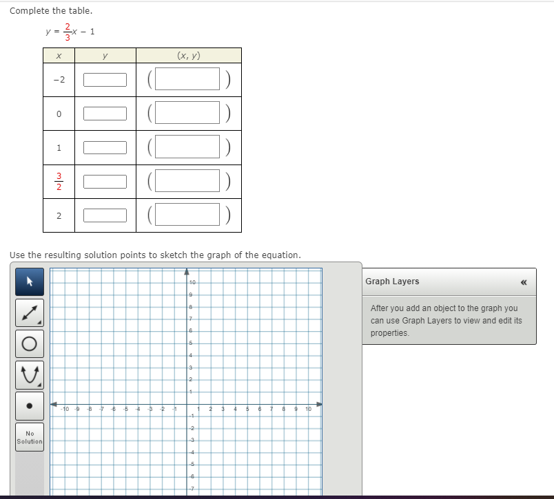Complete the table.
y = 3*
1
y
(х, у)
-2
1
3
2
2
Use the resulting solution points to sketch the graph of the equation.
10
Graph Layers
After you add an object to the graph you
can use Graph Layers to view and edit its
properties.
4
3
2
-10 -9 -8
-5
-3
-2
1
2
3
10
-2
No
Solution
3
4
