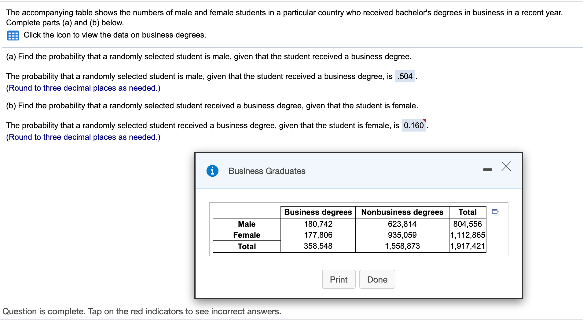 The accompanying table shows the numbers of male and female students in a
Complete parts (a) and (b) below
Click the icon to view the data on business degrees.
particular country who received bachelor's degrees in business in a recent year.
(a) Find the probability that a randomly selected student is male, given that the student received a business degree.
The probability that a randomly selected student is male, given that the student received a business degree, is .504
(Round to three decimal places as needed.)
(b) Find the probability that a randomly selected student received a business degree, given that the student is female.
The probability that a randomly selected student received a business degree, given that the student is female, is 0.160.
(Round to three decimal places as needed.)
i
Business Graduates
Business degrees
Nonbusiness degrees
Total
180,742
Male
623,814
804,556
1,112,865
1,917,421
177,806
Female
935,059
1,558,873
358,548
Total
Print
Done
Question is complete. Tap on the red indicators to see incorrect answers.
I
