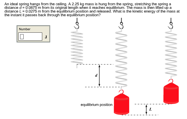 An ideal spring hangs from the ceiling. A 2.25 kg mass is hung from the spring, stretching the spring a
distance d = 0.0875 m from its original length when it reaches equilibrium. The mass is then lifted up a
distance L = 0.0275 m from the equilibrium position and released. What is the kinetic energy of the mass at
the instant it passes back through the equilibrium position?
Number
equilibrium position
