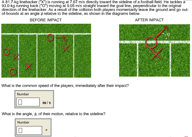 A 81.7-kg linebacker ("X") is running at 7.67 m/s directly toward the sideline of a football field. He tackles a
93.0-kg running back ("O moving at 9.05 m/s straight toward the goal line, perpendicular to the original
direction of the linebacker. As a result of the collision both players momentarily leave the ground and go out
of-bounds at an angle relative to the sideline, as shown in the diagrams below
BEFORE IMPACT
AFTER IMPACT
What is the common speed of the players, immediately after their impact?
Number
m/s
What is the angle, , of their motion, relative to the sideline?
Number
