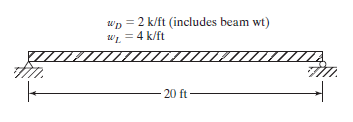 wp = 2 k/ft (includes beam wt)
WL =4 k/ft
20 ft
