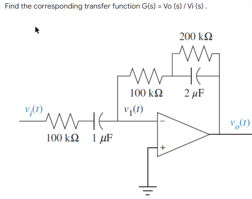 Find the corresponding transfer function G(s) = Vo (s) / Vi (s).
200 k2
100 k2
2 µF
v,(1)
v7(t)
100 k2
1 µF
+
