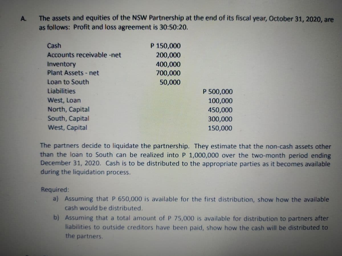 The assets and equities of the NSW Partnership at the end of its fiscal year, October 31, 2020, are
as follows: Profit and loss agreement is 30:50:20.
A.
Cash
P 150,000
Accounts receivable -net
Inventory
Plant Assets - net
200,000
400,000
700,000
Loan to South
50,000
Liabilities
P 500,000
West, Loan
100,000
450,000
North, Capital
South, Capital
West, Capital
300,000
150,000
The partners decide to liquidate the partnership. They estimate that the non-cash assets other
than the loan to South can be realized into P 1,000,000 over the two-month period ending
December 31, 2020. Cash is to be distributed to the appropriate parties as it becomes available
during the liquidation process.
Required:
a) Assuming that P 650,000 is available for the first distribution, show how the available
cash would be distributed.
b) Assuming that a total amount of P 75,000 is available for distribution to partners after
liabilities to outside creditors have been paid, show how the cash will be distributed to
the partners.
