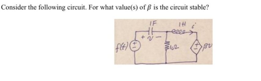 Consider the following circuit. For what value(s) of ß is the circuit stable?
IF
IH i
eele
ft)
