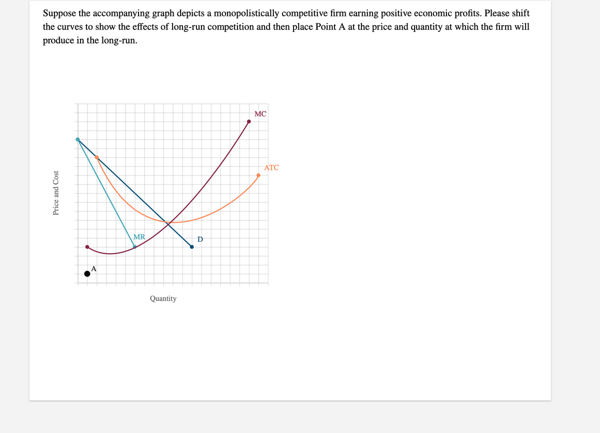 Suppose the accompanying graph depicts a monopolistically competitive firm earning positive economic profits. Please shift
the curves to show the effects of long-run competition and then place Point A at the price and quantity at which the firm will
produce in the long-run.
MC
ATC
MR
A
Quantity
Price and Cost
