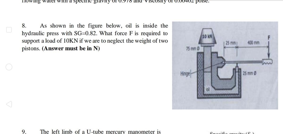 ing water WitH
specii
gravity
and
ISCOSity
0.00
2 poise.
8.
As shown in the figure below, oil is inside the
hydraulic press with SG=0.82. What force F is required to
support a load of 10KN if we are to neglect the weight of two
pistons. (Answer must be in N)
10 kN
25 mm
400 mm
75 mm 0
Hinge
-
25 mm0
9.
The left limb of a U-tube mercury manometer is
