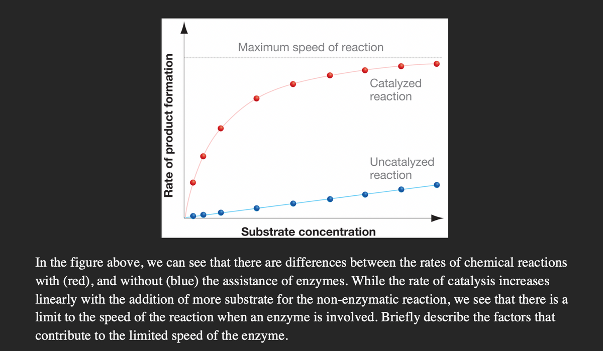Rate of product formation
Maximum speed of reaction
Catalyzed
reaction
Uncatalyzed
reaction
Substrate concentration
In the figure above, we can see that there are differences between the rates of chemical reactions
with (red), and without (blue) the assistance of enzymes. While the rate of catalysis increases
linearly with the addition of more substrate for the non-enzymatic reaction, we see that there is a
limit to the speed of the reaction when an enzyme is involved. Briefly describe the factors that
contribute to the limited speed of the enzyme.