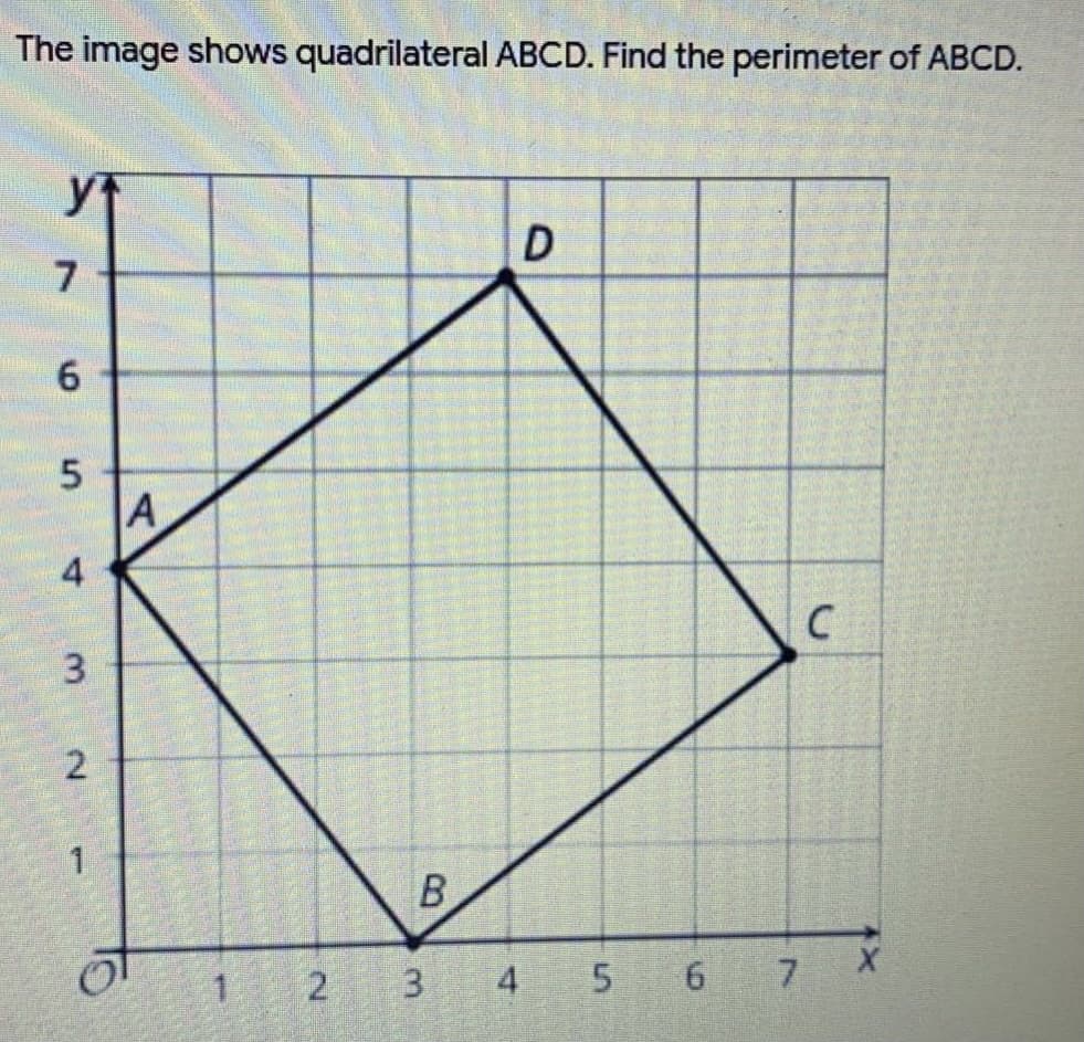 The image shows quadrilateral ABCD. Find the perimeter of ABCD.
y
D
A
2.
3 4 5 6
7.
5.
4.
3.
2.
