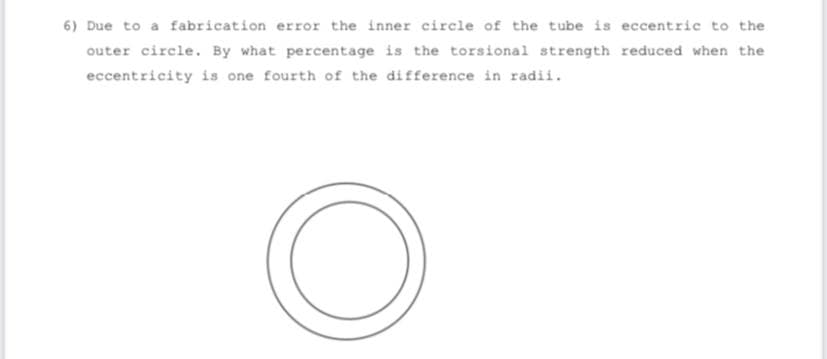 6) Due to a fabrication error the inner circle of the tube is eccentric to the
outer circle. By what percentage is the torsional strength reduced when the
eccentricity is one fourth of the difference in radii.
