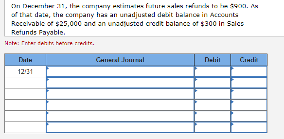 On December 31, the company estimates future sales refunds to be $900. As
of that date, the company has an unadjusted debit balance in Accounts
Receivable of $25,000 and an unadjusted credit balance of $300 in Sales
Refunds Payable.
Note: Enter debits before credits.
Date
12/31
General Journal
Debit
Credit