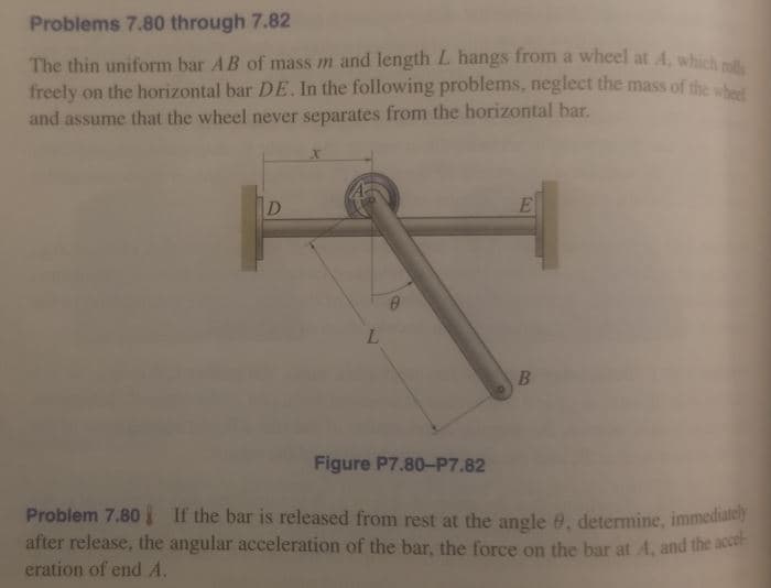 Problems 7.80 through 7.82
The thin uniform bar AB of mass m and length L hangs from a wheel at A, which m
freely on the horizontal bar DE. In the following problems, neglect the mass of the whd
and assume that the wheel never separates from the horizontal bar.
D.
L.
Figure P7.80-P7.82
Problem 7.80 If the bar is released from rest at the angle 0, determine, immediatey
after release, the angular acceleration of the bar, the force on the bar at A, and the er
eration of end A.
