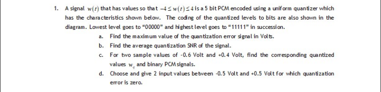 1. A signal w(t) that has values so that -4S w(t)<4is a 5 bit PCM encoded using a unif orm quantizer which
has the characteristics shown below. The coding of the quantized levels to bits are also shown in the
diagram. Lowest level goes to "00000" and highest level goes to "11111" in successi on.
a. Find the maximum value of the quantization error signal in Volts.
b. Find the average quantization SNR of the signal.
c. For two sample values of -0.6 Volt and -0.4 Volt, find the corresponding quantized
values w, and binary PCM signals.
d. Choose and give 2 input values bebveen -0.5 Volt and +0.5 Volt for which quantization
error is zero.
