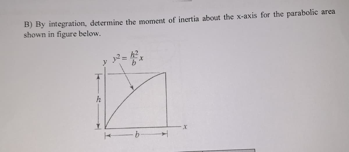 B) By integration, determine the moment of inertia about the x-axis for the parabolic area
shown in figure below.
h
X.
