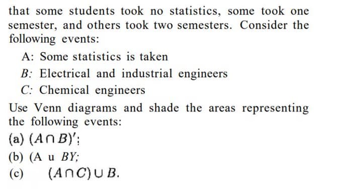 that some students took no statistics, some took one
semester, and others took two semesters. Consider the
following events:
A: Some statistics is taken
B: Electrical and industrial engineers
C: Chemical engineers
Use Venn diagrams and shade the areas representing
the following events:
(a) (AN B)';
(b) (A u BY;
(c)
(AnC)U B.
