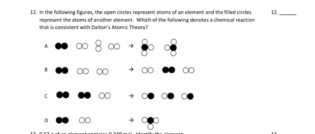 . In the following figures, the open circles represent atoms of an element and the filled circles
represent the atoms of another element. Which of the following denotes a chemical reaction
that is consistent with Dalton's Atomic Theory?
00
8 00
A
00 00
00
00
B
00
->
D
00
->
