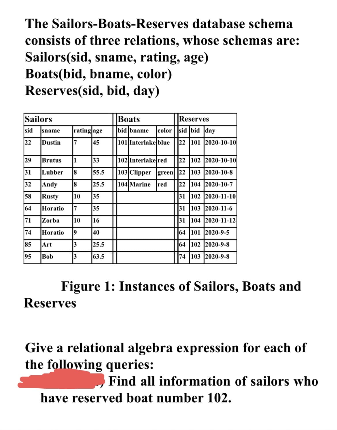 The Sailors-Boats-Reserves database schema
consists of three relations, whose schemas are:
Sailors(sid, sname, rating, age)
Boats(bid, bname, color)
Reserves(sid, bid, day)
Sailors
Вoats
Reserves
sid
sname
rating age
bid bname
color
sid bid day
22
Dustin
7
45
|101 Interlake blue
22 |101 2020-10-10
29
Brutus
1
33
102 Interlake red
22 102 2020-10-10
31
Lubber
8
55.5
|103 Clipper Igreen 22 103 2020-10-8
32
Andy
25.5
104 Marine
red
22 104 2020-10-7
58
Rusty
10
35
31 102 2020-11-10
64
Horatio
7
35
31 103 2020-11-6
71
Zorba
10
16
31 104 2020-11-12
74
Horatio
9
40
64 101 2020-9-5
85
Art
3
25.5
64 102 2020-9-8
95
Bob
63.5
74 103 2020-9-8
Figure 1: Instances of Sailors, Boats and
Reserves
Give a relational algebra expression for each of
the following queries:
Find all information of sailors who
have reserved boat number 102.
