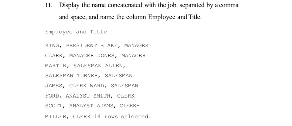 11. Display the name concatenated with the job. separated by a comma
and space, and name the column Employee and Title.
Employee and Title
KING, PRESIDENT BLAKE, MANAGER
CLARK, MANAGER JONES, MANAGER
MARTIN, SALESMAN ALLEN,
SALESMAN TURNER, SALESMAN
JAMES, CLERK WARD, SALESMAN
FORD, ANALYST SMITH, CLERK
SCOTT, ANALYST ADAMS, CLERK-
MILLER, CLERK 14 rows selected.
