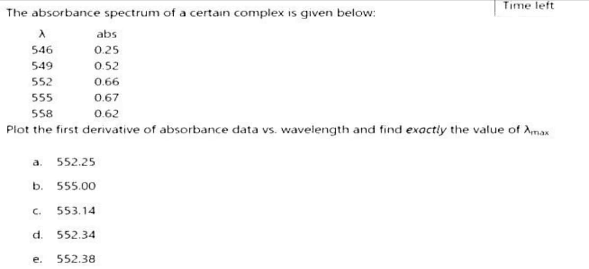 The absorbance spectrum of a certain complex is given below:
A
abs
546
0.25
549
0.52
552
0.66
555
0.67
558
0.62
Plot the first derivative of absorbance data vs. wavelength and find exactly the value of Amax
552.25
b. 555.00
a.
553.14
d. 552.34
Time left
e. 552.38