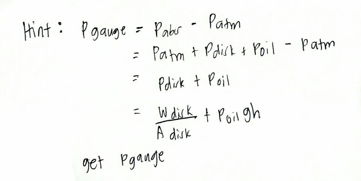 Hint: P gauge = Pabir
Patm
-
Patm + Polisk & Poil - Patm
Pdirk + Poil
W disk & Poil gh
A disk
get pgange
را
