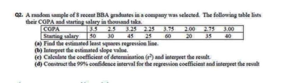 Q2. A random sample of 8 recent BBA graduates in a company was selected. The following table lists
their CGPA and starting salary in thousand taka.
CGPA
Starting salary
3.5
2.5
50
30
(a) Find the estimated least squares regression line.
3.25 2.25
25
3.75
60
2.75
3.00
2.00
20
45
35
40
(b) Interpret the estimated slope value.
(c) Calculate the coefficient of determination (r) and interpret the result.
(d) Construct the 99% confidence interval for the regression coefficient and interpret the result
