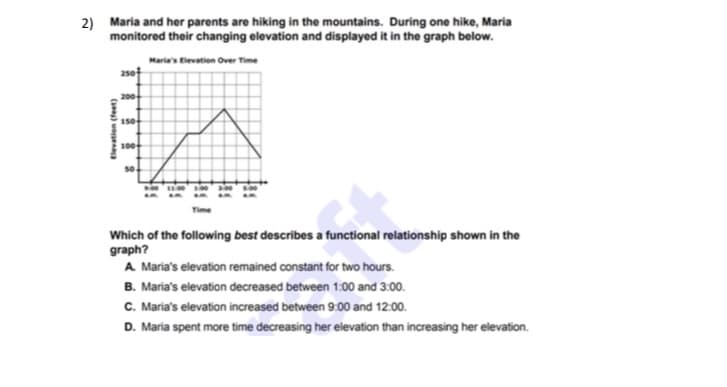 2) Maria and her parents are hiking in the mountains. During one hike, Maria
monitored their changing elevation and displayed it in the graph below.
Maria's Elevation Over Time
2s0t
200
150
100
so
Which of the following best describes a functional relationship shown in the
graph?
A Maria's elevation remained constant for two hours.
B. Maria's elevation decreased between 1:00 and 3:00.
C. Maria's elevation increased between 9:00 and 12:00.
D. Maria spent more time decreasing her elevation than increasing her elevation.
Elevation (feet)
