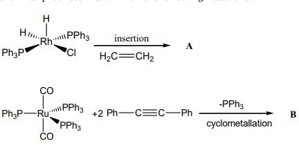 H.
\PPH3
Rh:
insertion
A
Ph3P"
CI
H2C=CH2
co
-PPH3
\PPH3
Ph;P-Ru
'PPH3
čo
+2 Ph-CEc-Ph
В
cyclometallation
