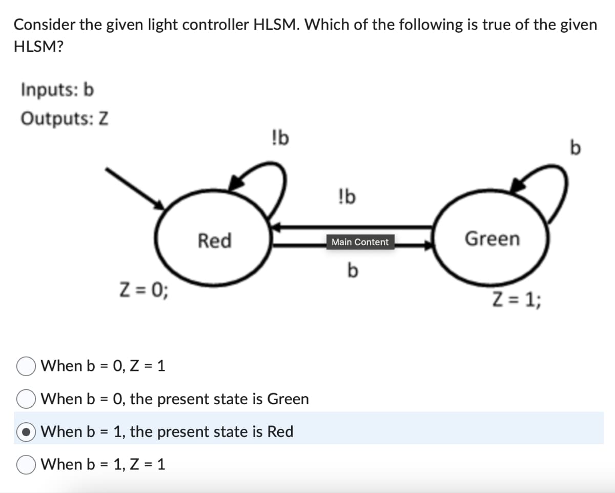 Consider the given light controller HLSM. Which of the following is true of the given
HLSM?
Inputs: b
Outputs: Z
!b
Z = 0;
!b
Red
Main Content
Green
b
When b = 0, Z = 1
When b = 0, the present state is Green
When b = 1, the present state is Red
When b =
· 1, Z = 1
Z=1;
b