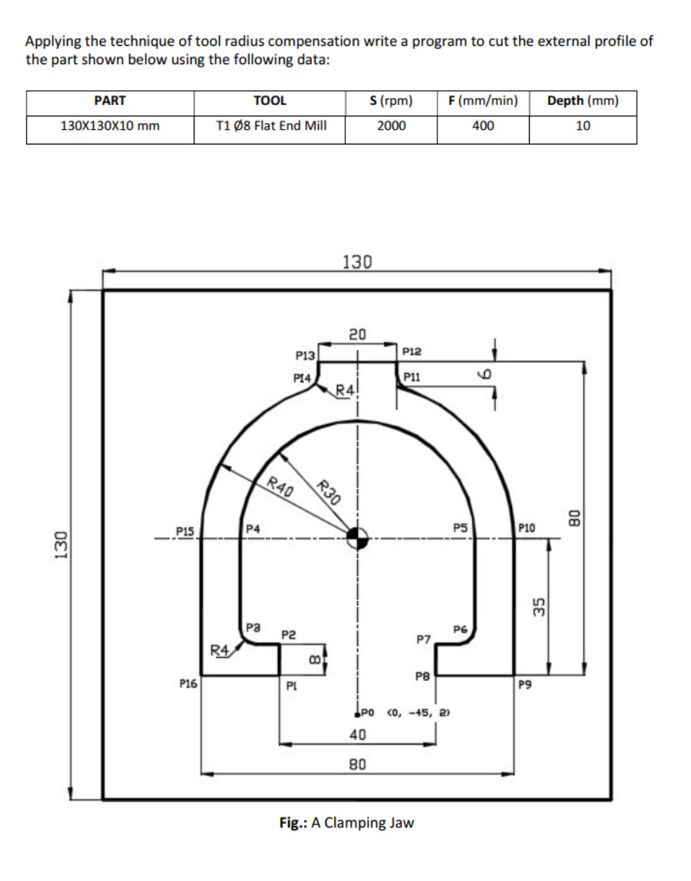 Applying the technique of tool radius compensation write a program to cut the external profile of
the part shown below using the following data:
PART
TOOL
S (rpm)
Depth (mm)
F (mm/min)
400
130X130X10 mm
T1 08 Flat End Mill
2000
10
9
130
P15
P16
R4
P4
P3
P13
P14
R40
P2
PL
R30
8
130
20
R4!
P12
P11
P7
P8
PO (0, -45, 2)
40
80
Fig.: A Clamping Jaw
P5
P6
P10
35
P9
08