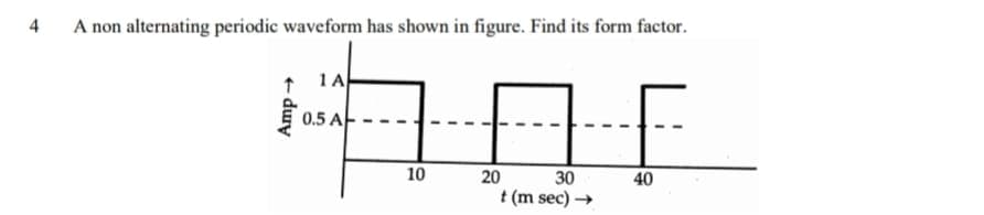 4
A non alternating periodic waveform has shown in figure. Find its form factor.
1A
0.5 A
10
20
30
t (m sec) →
40
