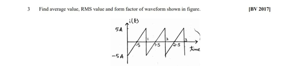 3
Find average value, RMS value and form factor of waveform shown in figure.
[BV 2017]
i(t)
5A
2.5
time
-5A
