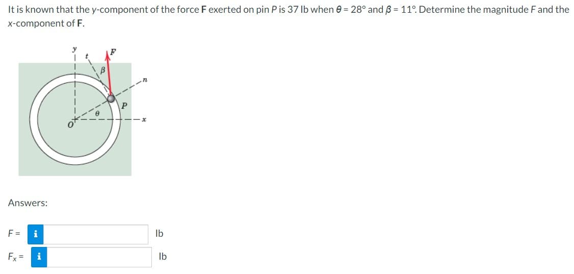 It is known that the y-component of the force F exerted on pin P is 37 lb when 0 = 28° and 3 = 11°. Determine the magnitude F and the
x-component of F.
P
Answers:
F =
i
Fx =
i
lb
lb