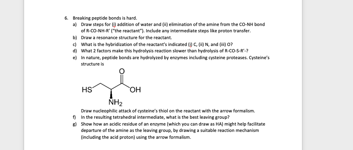 6. Breaking peptide bonds is hard.
a) Draw steps for (i) addition of water and (ii) elimination of the amine from the CO-NH bond
of R-CO-NH-R' ("the reactant"). Include any intermediate steps like proton transfer.
b) Draw a resonance structure for the reactant.
c) What is the hybridization of the reactant's indicated (i) C, (ii) N, and (iii) O?
d) What 2 factors make this hydrolysis reaction slower than hydrolysis of R-co-S-R'-?
e) In nature, peptide bonds are hydrolyzed by enzymes including cysteine proteases. Cysteine's
structure is
HS
HO
ÑH2
Draw nucleophilic attack of cysteine's thiol on the reactant with the arrow formalism.
f) In the resulting tetrahedral intermediate, what is the best leaving group?
g) Show how an acidic residue of an enzyme (which you can draw as HA) might help facilitate
departure of the amine as the leaving group, by drawing a suitable reaction mechanism
(including the acid proton) using the arrow formalism.
