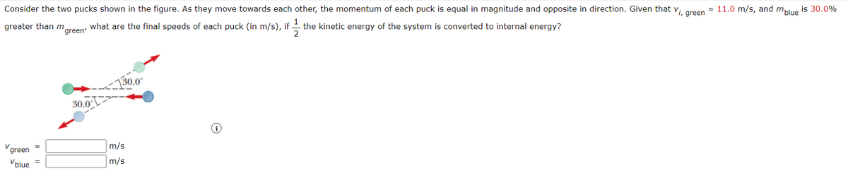 Consider the two pucks shown in the figure. As they move towards each other, the momentum of each puck is equal in magnitude and opposite in direction. Given that v;
greater than m
i, green
= 11.0 m/s, and
mblue
is 30.0%
what are the final speeds of each puck (in m/s), if
'green'
the kinetic energy of the system is converted to internal energy?
30.0"
30.0
green
m/s
V blue
m/s
