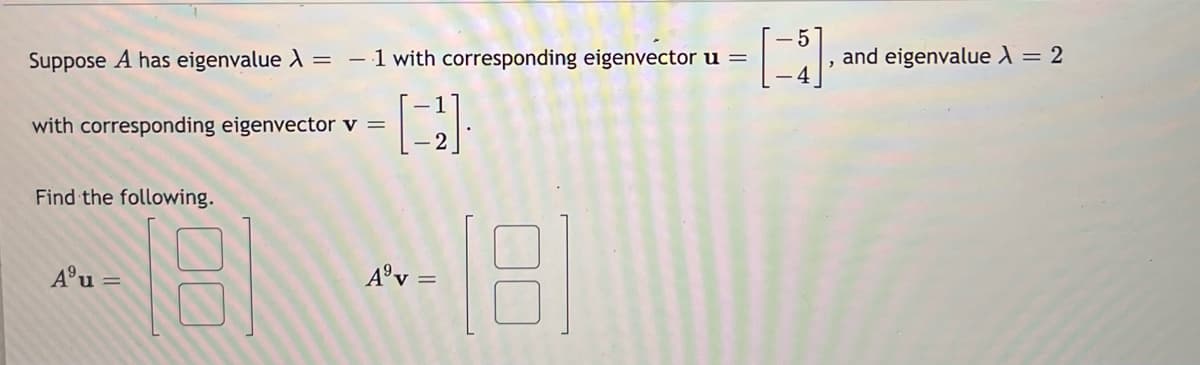 Suppose A has eigenvalue A = - 1 with corresponding eigenvector u =
and eigenvalue X = 2
with corresponding eigenvector v =
Find the following.
A°u =
A°v
