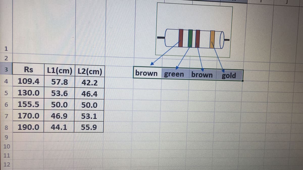 1
Rs
L1(cm) L2(cm)
3
brown green brown gold
4
109.4
57.8
42.2
130.0
53.6
46.4
6
155.5
50.0
50.0
170.0
46.9
53.1
8
190.0
44.1
55.9
10
11
12
