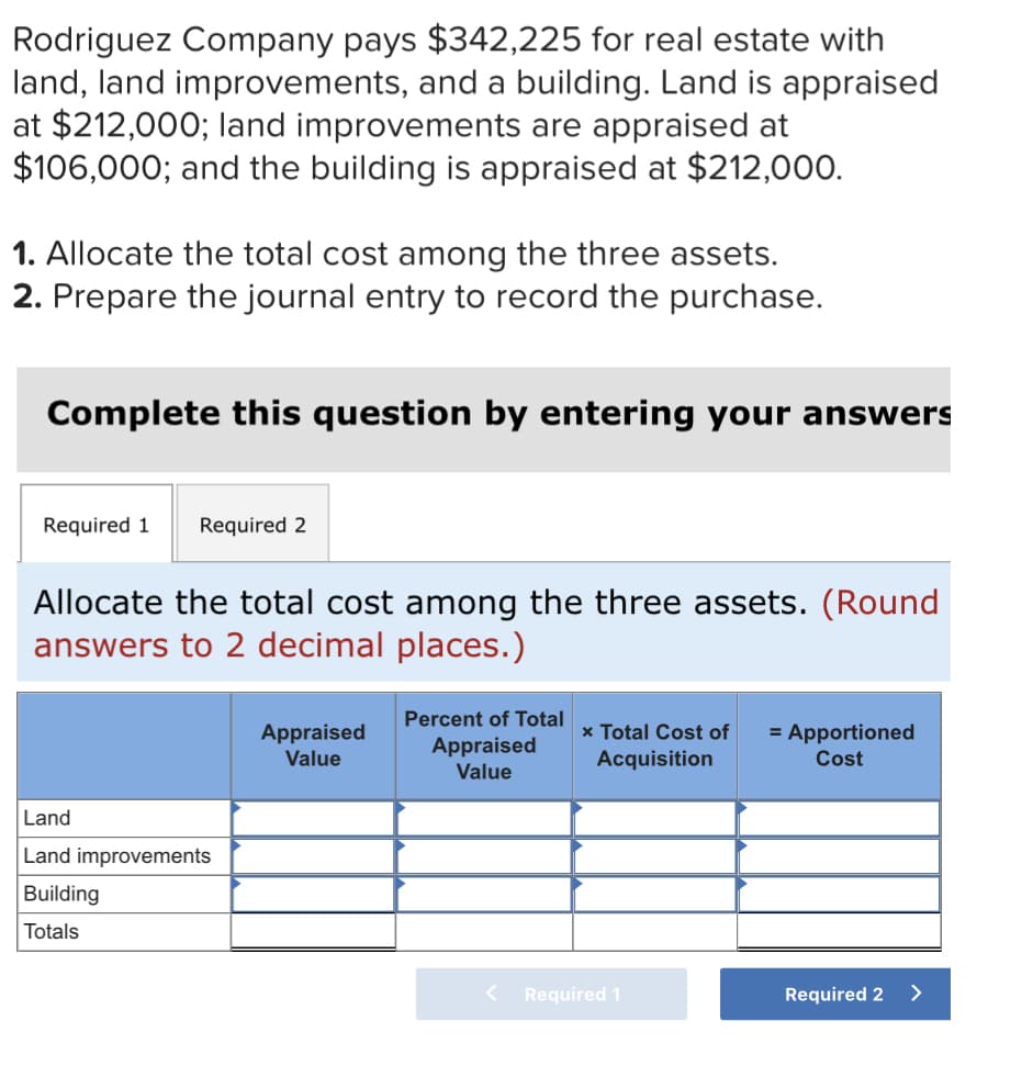 Rodriguez Company pays $342,225 for real estate with
land, land improvements, and a building. Land is appraised
at $212,000; land improvements are appraised at
$106,000; and the building is appraised at $212,000.
1. Allocate the total cost among the three assets.
2. Prepare the journal entry to record the purchase.
Complete this question by entering your answers
Required 1
Required 2
Allocate the total cost among the three assets. (Round
answers to 2 decimal places.)
Percent of Total
Appraised
Value
Appraised
Value
x Total Cost of
Acquisition
= Apportioned
Cost
Land
Land improvements
Building
Totals
Required 1
Required 2
>
