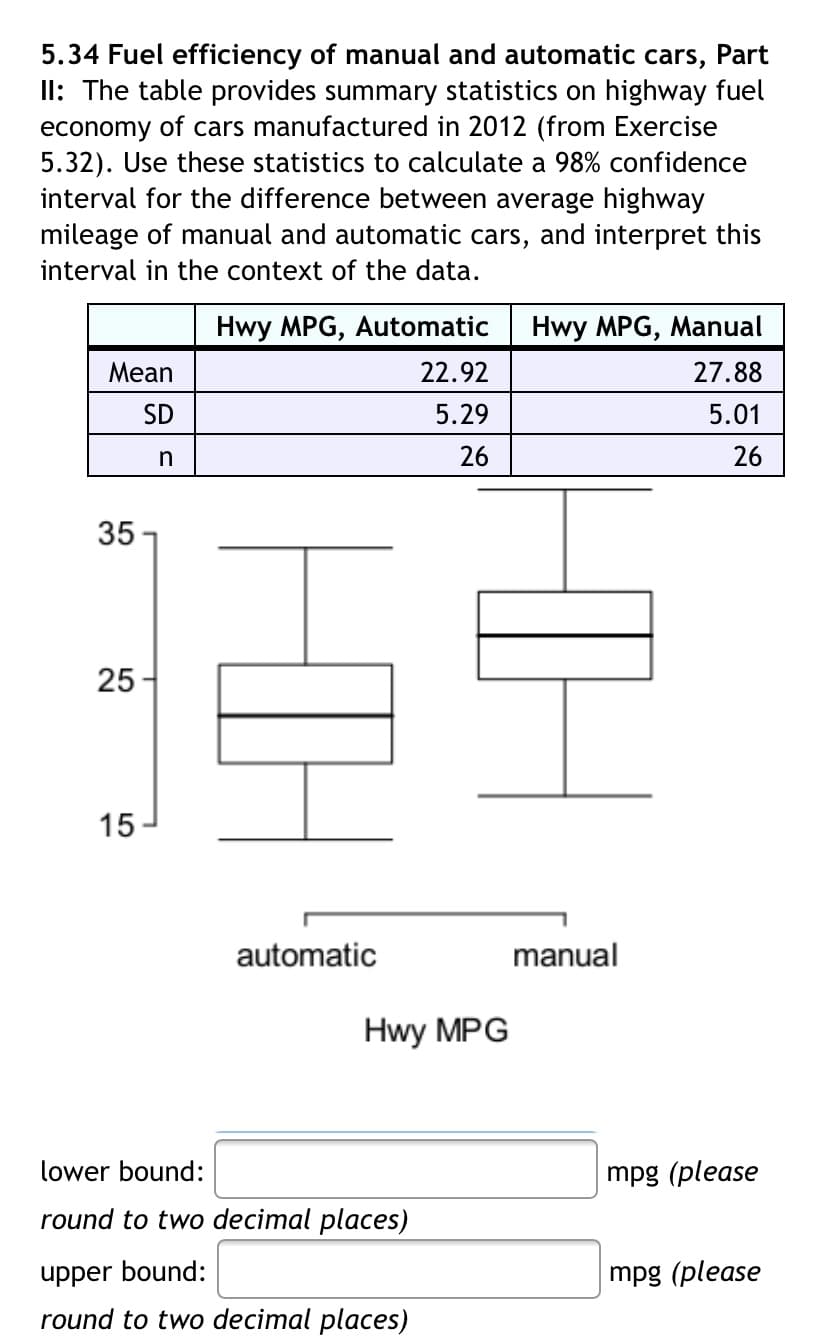 5.34 Fuel efficiency of manual and automatic cars, Part
Il: The table provides summary statistics on highway fuel
economy of cars manufactured in 2012 (from Exercise
5.32). Use these statistics to calculate a 98% confidence
interval for the difference between average highway
mileage of manual and automatic cars, and interpret this
interval in the context of the data.
Hwy MPG, Automatic
Hwy MPG, Manual
Mean
22.92
27.88
SD
5.29
5.01
26
26
35 -
25
15
automatic
manual
Hwy MPG
lower bound:
mpg (please
round to two decimal places)
upper bound:
mpg (please
round to two decimal places)
