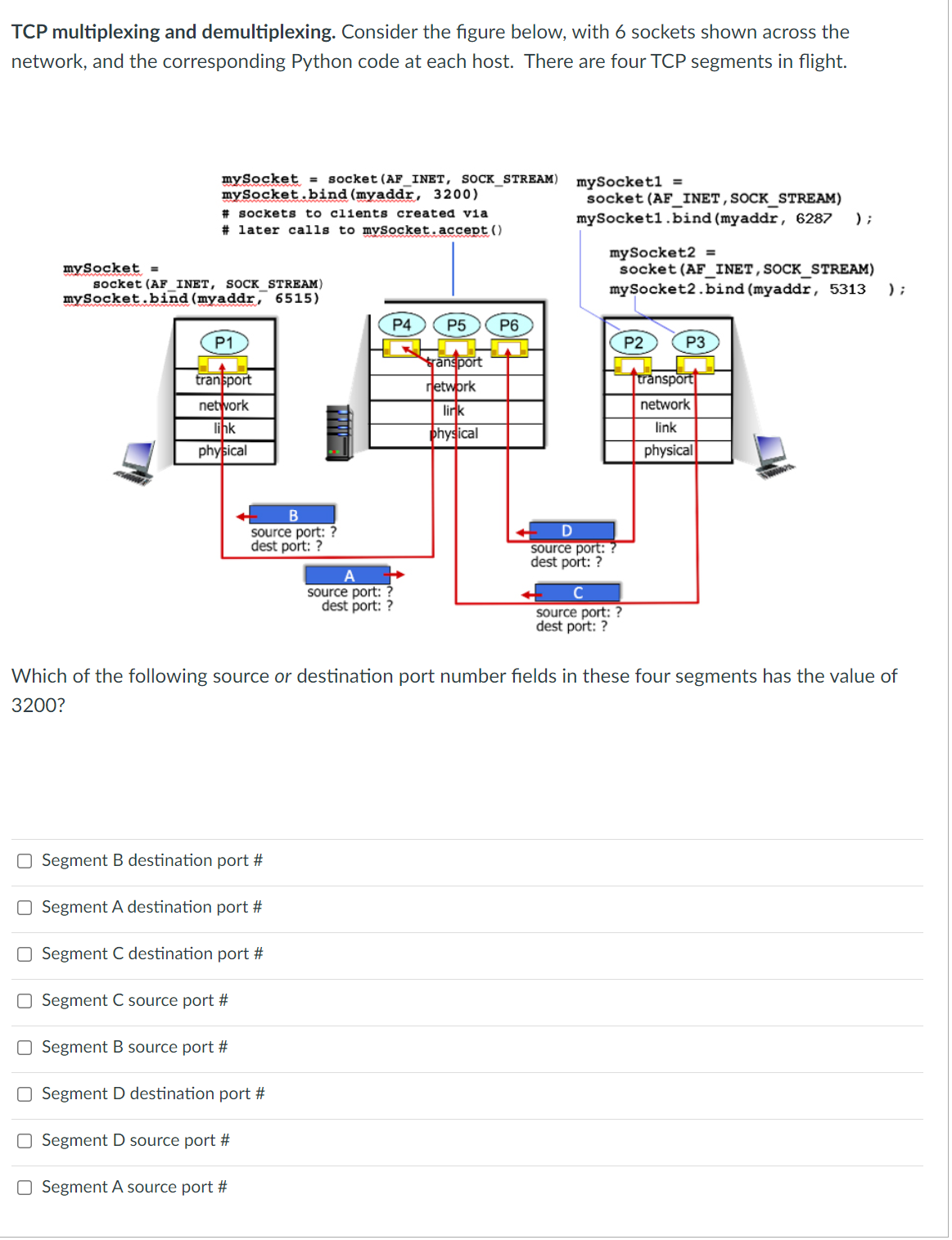 TCP multiplexing and demultiplexing. Consider the figure below, with 6 sockets shown across the
network, and the corresponding Python code at each host. There are four TCP segments in flight.
mySocket = socket (AF_INET, SOCK_STREAM) mySocket1 =
mySocket.bind (myaddr, 3200)
#sockets to clients created via
# later calls to mySocket.accept()
mySocket =
socket (AF_INET, SOCK_STREAM)
mySocket.bind (myaddr, 6515)
P1
transport
network
link
physical
B
source port: ?
dest port: ?
O Segment B destination port #
O Segment A destination port #
O Segment C destination port #
O Segment C source port #
O Segment B source port #
O Segment D destination port #
O Segment D source port #
O Segment A source port #
P4
A
source port: ?
dest port: ?
K
P5
transport
network
link
physical
P6
socket (AF_INET, SOCK_STREAM)
mySocket1.bind (myaddr, 6287 );
mySocket2 =
socket (AF_INET, SOCK_STREAM)
mySocket2.bind (myaddr, 5313 );
Which of the following source or destination port number fields in these four segments has the value of
3200?
D
source port: ?
dest port: ?
C
source port: ?
dest port: ?
P2
P3
transport
network
link
physical