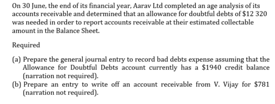 On 30 June, the end of its financial year, Aarav Ltd completed an age analysis of its
accounts receivable and determined that an allowance for doubtful debts of $12 320
was needed in order to report accounts receivable at their estimated collectable
amount in the Balance Sheet.
Required
(a) Prepare the general journal entry to record bad debts expense assuming that the
Allowance for Doubtful Debts account currently has a $1940 credit balance
(narration not required).
(b) Prepare an entry to write off an account receivable from V. Vijay for $781
(narration not required).
