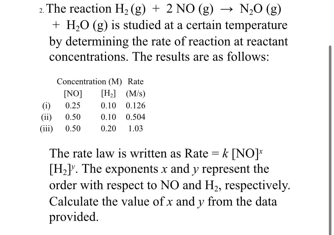 The reaction H2 (g) + 2 NO (g)
+ H,O (g) is studied at a certain temperature
by determining the rate of reaction at reactant
concentrations. The results are as follows:
N,0 (g)
2.
Concentration (M) Rate
[NO]
(i)
(ii)
[H] (M/s)
0.25
0.10
0.126
0.50
0.10
0.504
(iii)
0.50
0.20
1.03
The rate law is written as Rate = k [NO]*
[H]°. The exponents x and y represent the
order with respect to NO and H2, respectively.
Calculate the value of x and y from the data
provided.
