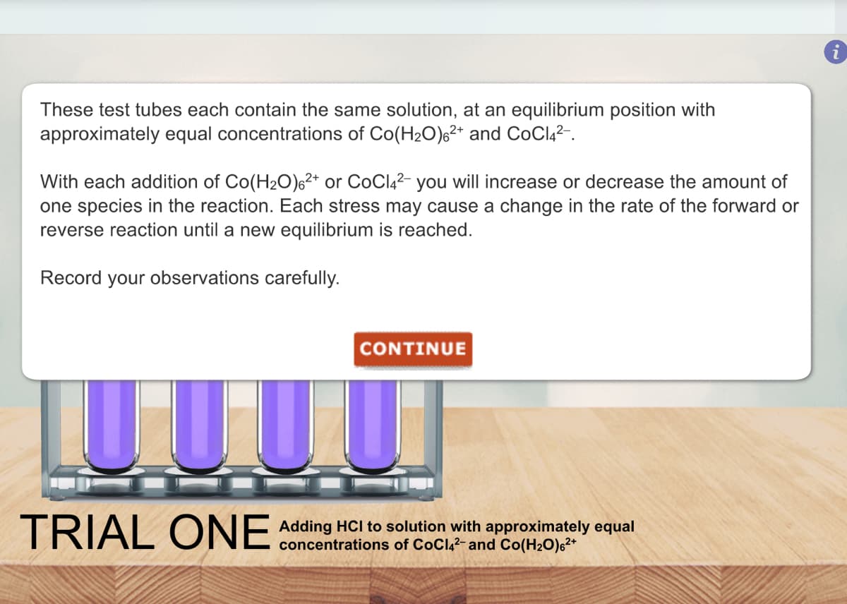 These test tubes each contain the same solution, at an equilibrium position with
approximately equal concentrations of Co(H₂O)62+ and CoCl4²-.
With each addition of Co(H₂O)6²+ or CoCl4²- you will increase or decrease the amount of
one species in the reaction. Each stress may cause a change in the rate of the forward or
reverse reaction until a new equilibrium is reached.
Record your observations carefully.
UU
TRIAL ONE
CONTINUE
Adding HCI to solution with approximately equal
concentrations of CoCl4²- and Co(H₂O)6²+