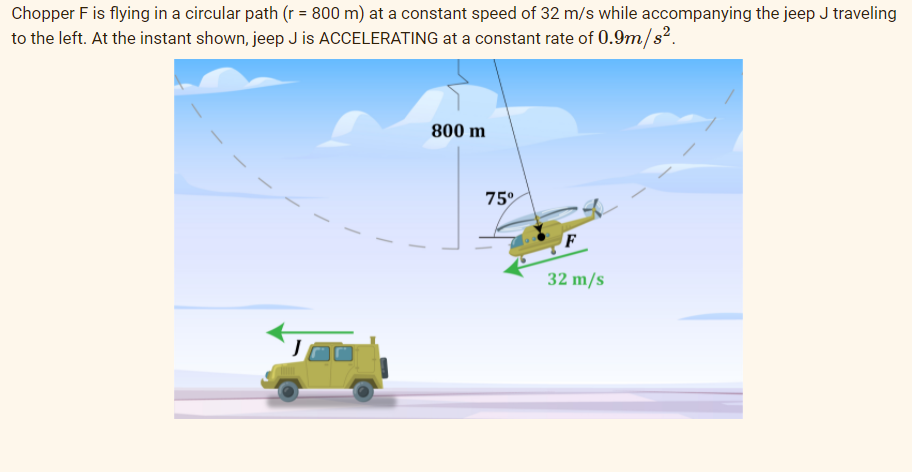 Chopper F is flying in a circular path (r = 800 m) at a constant speed of 32 m/s while accompanying the jeep J traveling
to the left. At the instant shown, jeep J is ACCELERATING at a constant rate of 0.9m/s2.
800 m
75°
32 m/s
