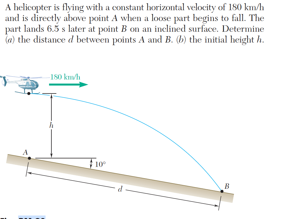 A helicopter is flying with a constant horizontal velocity of 180 km/h
and is directly above point A when a loose part begins to fall. The
part lands 6.5 s later at point B on an inclined surface. Determine
(a) the distance d between points A and B. (b) the initial height h.
180 km/h
F10°
В
