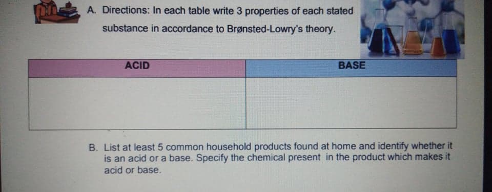 A. Directions: In each table write 3 properties of each stated
substance in accordance to Brønsted-Lowry's theory.
ACID
BASE
B. List at least 5 common household products found at home and identify whether it
is an acid or a base. Specify the chemical present in the product which makes it
acid or base.
