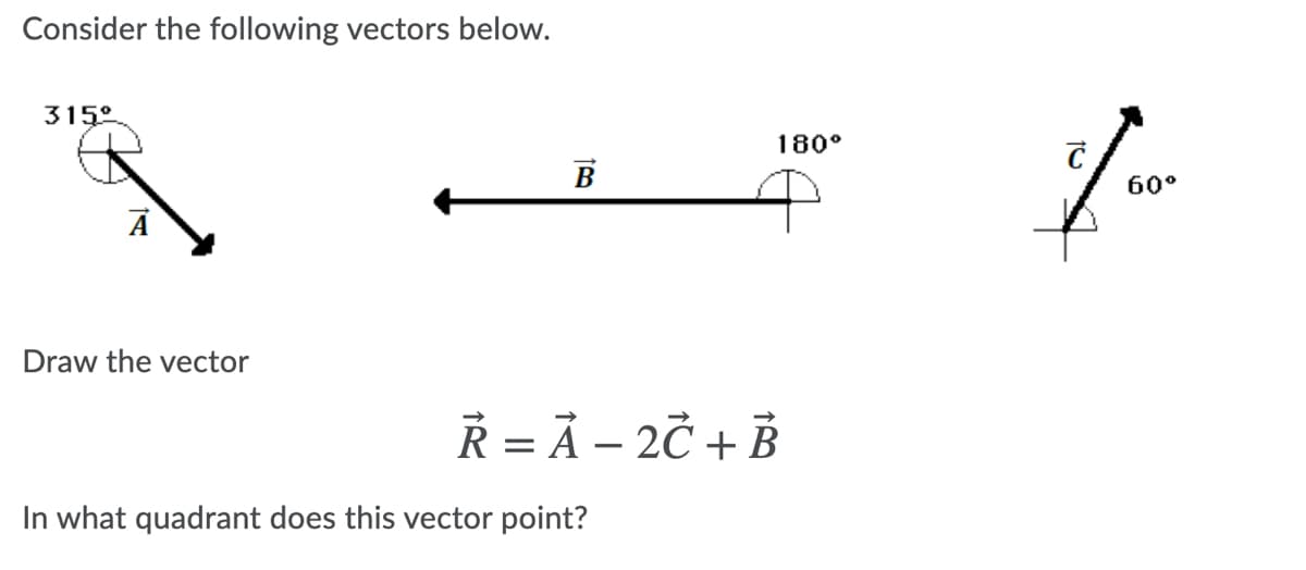 Consider the following vectors below.
315°
180°
B
60°
Draw the vector
Ř = À – 2Č + B
In what quadrant does this vector point?
