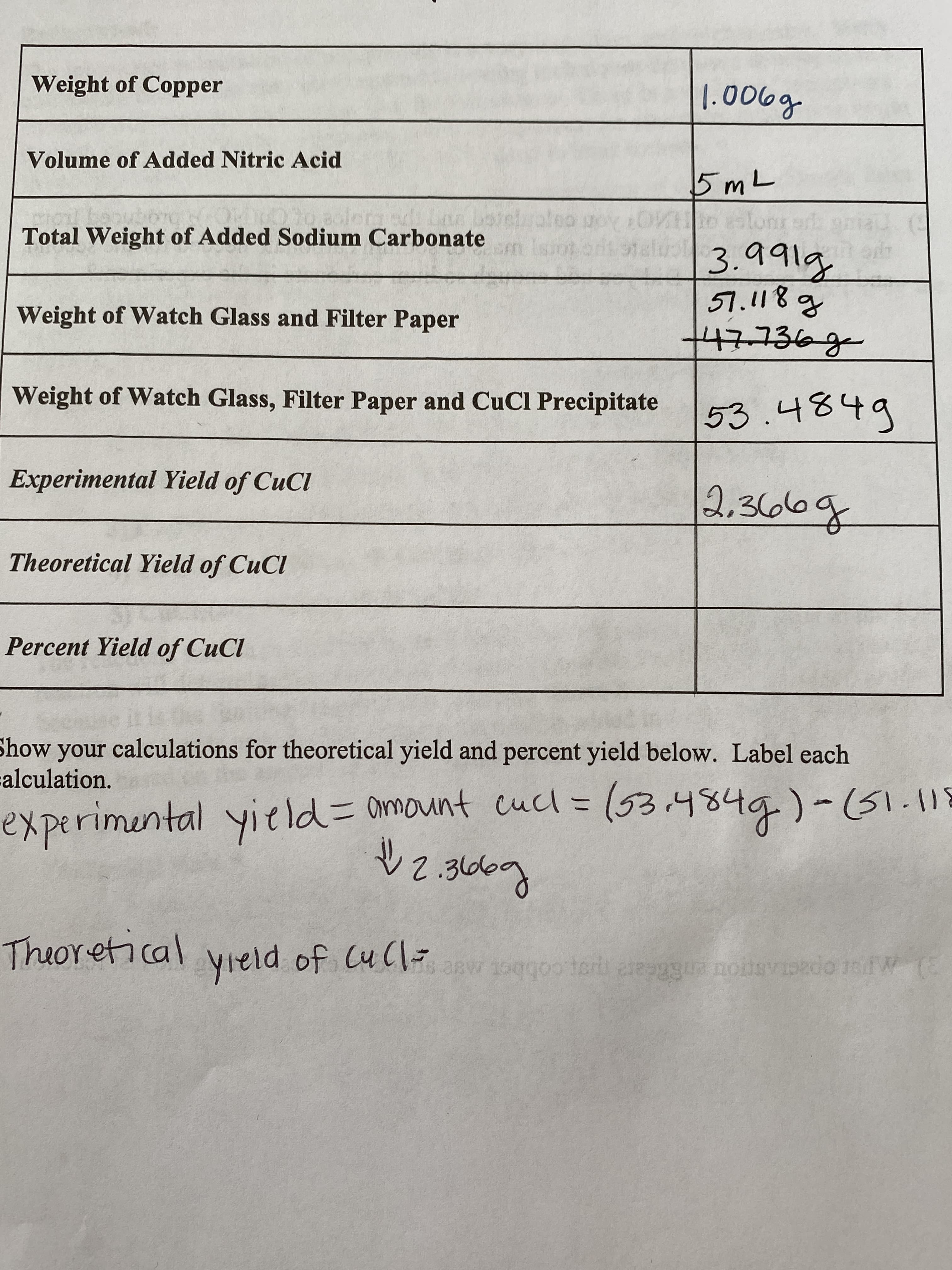 Weight of Copper
1.006g
Volume of Added Nitric Acid
5mL
goy OVo stonr ar
Total Weight of Added Sodium Carbonate
3.991g
57.118g
47736g
Weight of Watch Glass and Filter Paper
Weight of Watch Glass, Filter Paper and CuCl Precipitate 53.4849
Experimental Yield of CuCl
2,36616g
Theoretical Yield of CuCl
Percent Yield of CuCl
Show your calculations for theoretical yield and percent yield below. Label each
alculation.
experimental yield=Damount cucl = (53.4849)-51.118
2.366g
Theoretical
yield of CuC w 1oggo ter aesggua notsvdo fW(
cobbot mae s
